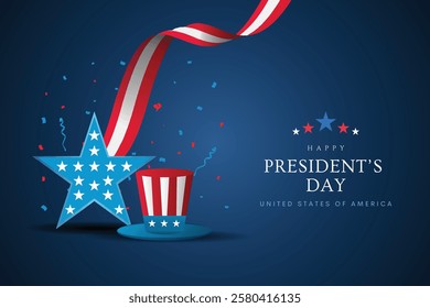 Happy Presidents Day with waving flag USA. Monument four US presidents, creative concept for holiday. Vector illustration