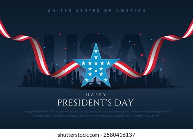 Happy Presidents Day with waving flag USA. Monument four US presidents, creative concept for holiday. Vector illustration