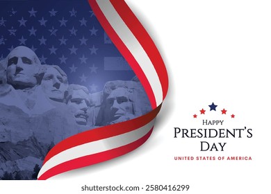 Happy Presidents Day with waving flag USA and Mount Rushmore. Monument four US presidents, creative concept for holiday. Vector illustration