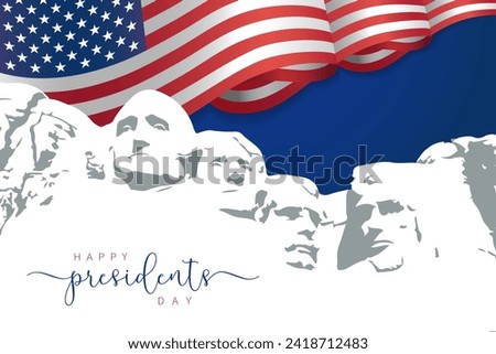 Happy Presidents Day with waving flag USA and Mount Rushmore. Monument four US presidents, creative concept for holiday. Vector illustration