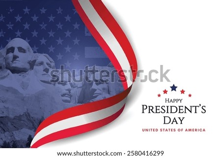 Happy Presidents Day with waving flag USA and Mount Rushmore. Monument four US presidents, creative concept for holiday. Vector illustration