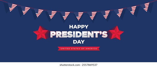 Happy Presidents Day Web Banner With USA Flag. Presidents Day Cover, Website, Header Background. Washington's Birthday Celebrated in United States Suitable for Poster, Greeting Card, Brochure, post