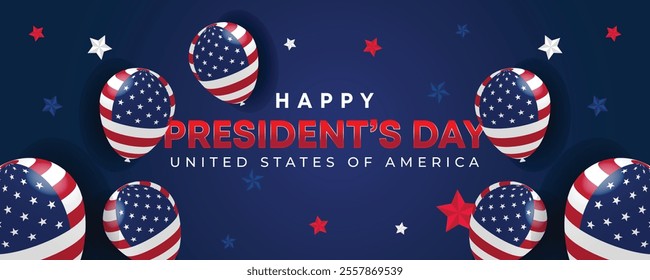 Happy Presidents Day Web Banner With USA Flag. Presidents Day Cover, Website, Header Background. Washington's Birthday Celebrated in United States Suitable for Poster, Greeting Card, Brochure, post