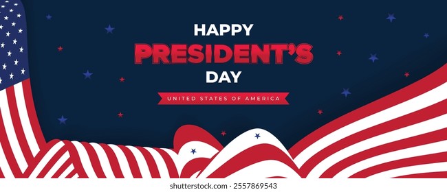 Happy Presidents Day Web Banner With USA Flag. Presidents Day Cover, Website, Header Background. Washington's Birthday Celebrated in United States Suitable for Poster, Greeting Card, Brochure, post