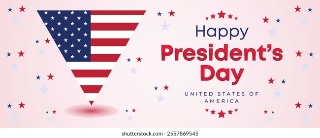 Happy Presidents Day Web Banner With USA Flag. Presidents Day Cover, Website, Header Background. Washington's Birthday Celebrated in United States Suitable for Poster, Greeting Card, Brochure, post