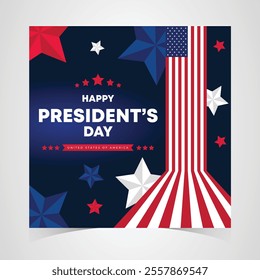 Happy Presidents Day Web Banner With USA Flag. Presidents Day Cover, Website, Header Background. Washington's Birthday Celebrated in United States Suitable for Poster, Greeting Card, Brochure, post