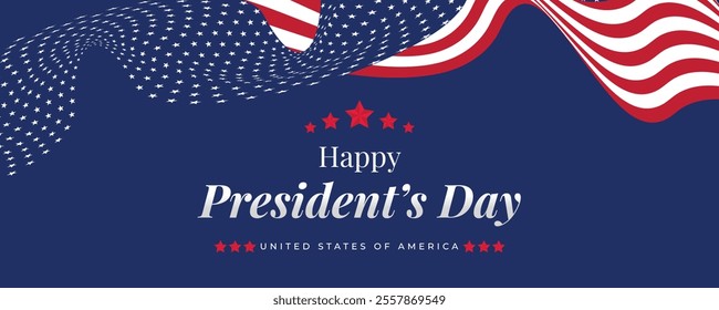 Happy Presidents Day Web Banner With USA Flag. Presidents Day Cover, Website, Header Background. Washington's Birthday Celebrated in United States Suitable for Poster, Greeting Card, Brochure, post