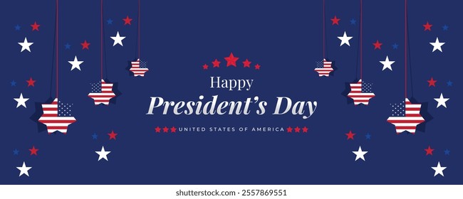 Happy Presidents Day Web Banner With USA Flag. Presidents Day Cover, Website, Header Background. Washington's Birthday Celebrated in United States Suitable for Poster, Greeting Card, Brochure, post