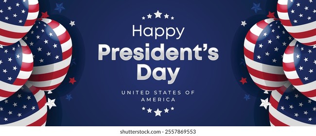 Happy Presidents Day Web Banner With USA Flag. Presidents Day Cover, Website, Header Background. Washington's Birthday Celebrated in United States Suitable for Poster, Greeting Card, Brochure, post