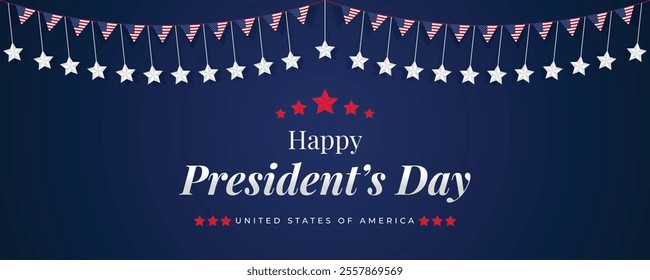 Happy Presidents Day Web Banner With USA Flag. Presidents Day Cover, Website, Header Background. Washington's Birthday Celebrated in United States Suitable for Poster, Greeting Card, Brochure, post