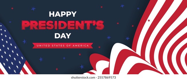 Happy Presidents Day Web Banner With USA Flag. Presidents Day Cover, Website, Header Background. Washington's Birthday Celebrated in United States Suitable for Poster, Greeting Card, Brochure, post