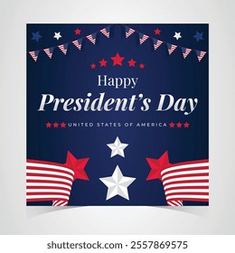 Happy Presidents Day Web Banner With USA Flag. Presidents Day Cover, Website, Header Background. Washington's Birthday Celebrated in United States Suitable for Poster, Greeting Card, Brochure, post