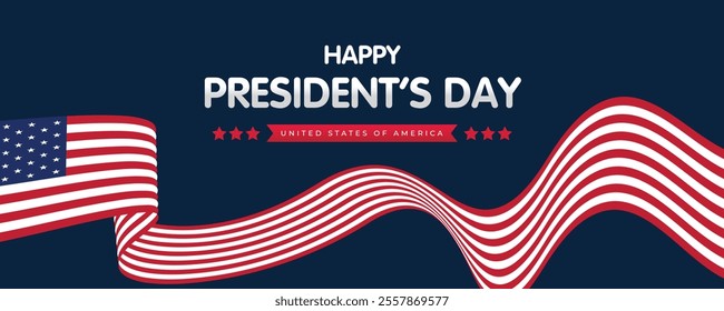 Happy Presidents Day Web Banner With USA Flag. Presidents Day Cover, Website, Header Background. Washington's Birthday Celebrated in United States Suitable for Poster, Greeting Card, Brochure, post