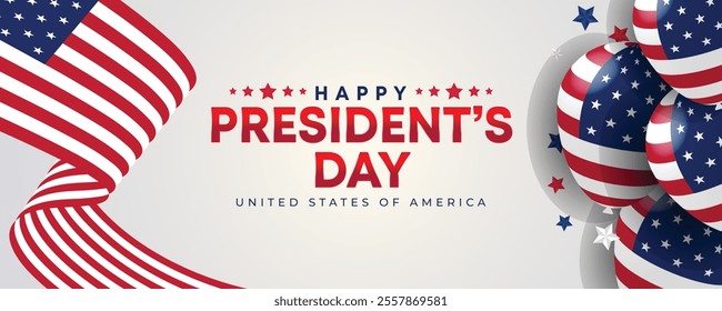 Happy Presidents Day Web Banner With USA Flag. Presidents Day Cover, Website, Header Background. Washington's Birthday Celebrated in United States Suitable for Poster, Greeting Card, Brochure, post