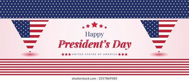 Happy Presidents Day Web Banner With USA Flag. Presidents Day Cover, Website, Header Background. Washington's Birthday Celebrated in United States Suitable for Poster, Greeting Card, Brochure, post