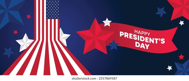 Happy Presidents Day Web Banner With USA Flag. Presidents Day Cover, Website, Header Background. Washington's Birthday Celebrated in United States Suitable for Poster, Greeting Card, Brochure, post