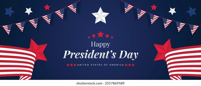 Happy Presidents Day Web Banner With USA Flag. Presidents Day Cover, Website, Header Background. Washington's Birthday Celebrated in United States Suitable for Poster, Greeting Card, Brochure, post