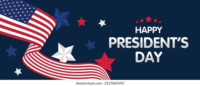 Happy Presidents Day Web Banner With USA Flag. Presidents Day Cover, Website, Header Background. Washington's Birthday Celebrated in United States Suitable for Poster, Greeting Card, Brochure, post