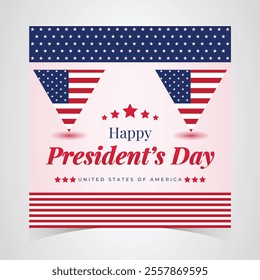 Happy Presidents Day Web Banner With USA Flag. Presidents Day Cover, Website, Header Background. Washington's Birthday Celebrated in United States Suitable for Poster, Greeting Card, Brochure, post