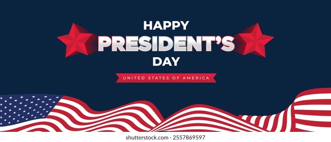 Happy Presidents Day Web Banner With USA Flag. Presidents Day Cover, Website, Header Background. Washington's Birthday Celebrated in United States Suitable for Poster, Greeting Card, Brochure, post