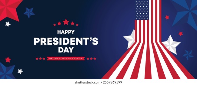 Happy Presidents Day Web Banner With USA Flag. Presidents Day Cover, Website, Header Background. Washington's Birthday Celebrated in United States Suitable for Poster, Greeting Card, Brochure, post