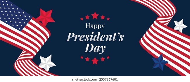 Happy Presidents Day Web Banner With USA Flag. Presidents Day Cover, Website, Header Background. Washington's Birthday Celebrated in United States Suitable for Poster, Greeting Card, Brochure, post