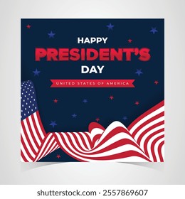 Happy Presidents Day Web Banner With USA Flag. Presidents Day Cover, Website, Header Background. Washington's Birthday Celebrated in United States Suitable for Poster, Greeting Card, Brochure, post