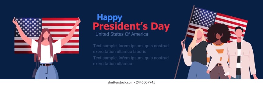 Happy Presidents day. Young modern woman holding American flag in his hands. Two women and a man stand together with the USA flag. Vector isolated on dark blue background. 