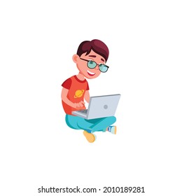 happy preteen boy sitting in garden and watching funny video on notebook cartoon vector