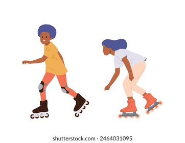 Happy preteen children cartoon boy and girl characters riding rollers enjoying training lesson