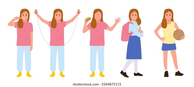 Happy preteen schoolgirl student cartoon characters routine day activity set isolated on white