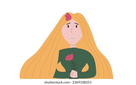 Happy Pretty Blond Girl Character Holding a Flower. Characters and emotions concept vector