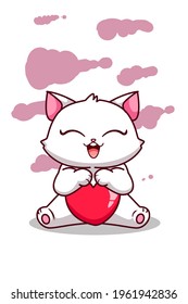 Happy and pretty cat with a big heart cartoon illustration