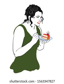Happy pretty chubby girl eating a cake. Vector illustration