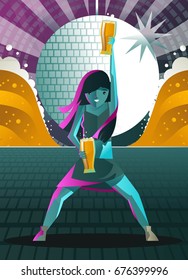 happy pretty girl with two beers in the disco