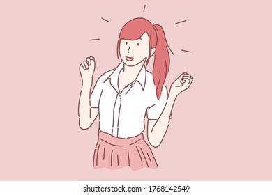 Happy pretty girls raised her hands on both sides, Cheerful, happy, excited concept.