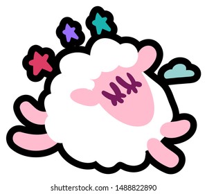Happy Pretty Sleeping Lamb Dreams Symbol Cartoon. Sleep, Dreamy and Jumping Wooly Little Sheep among Sky Stars and Cloud Isolated on White Background. Farm Animal Good Night Vector Flat Illustration