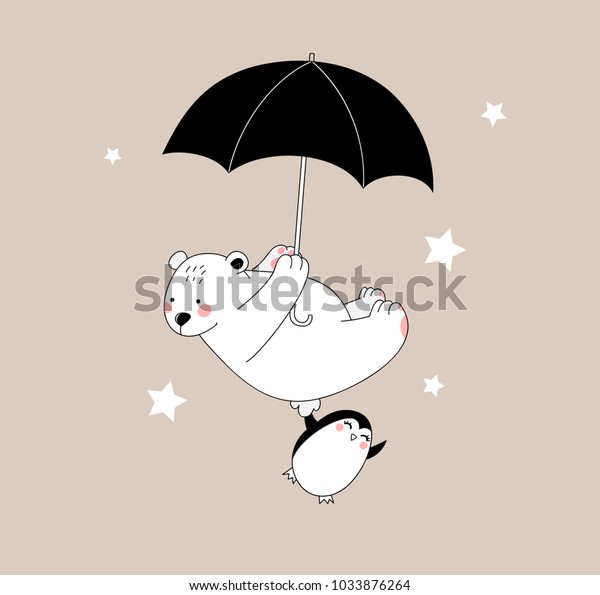 幸せなかわいい白い熊と小さなペンギンが傘を持って飛んでいる 子どもっぽい美しいイラストをパステルトーンでパステル調で描き 男の子と女の子の服 壁紙 カード 壁画 織物 織物 服 のベクター画像素材 ロイヤリティフリー