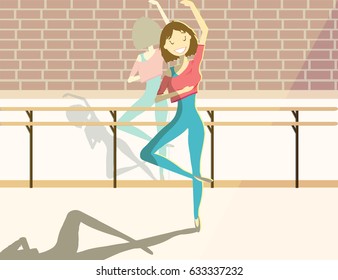 Happy pretty woman in ballet class. Vector. Cheerful beautiful female dancer illustration