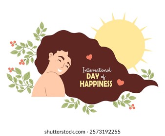 Happy pretty woman with long hair. Day of Happiness card. Female portrait with leaves and sun. Flat Vector illustration. International holiday is celebrated annually on March 20