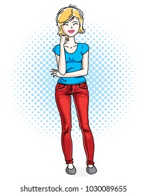 Happy pretty young blonde woman standing on modern background with bubbles and wearing casual clothes. Vector character. 