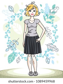 Happy pretty young blonde woman standing on background of spring landscape and wearing fashionable casual clothes. Vector character.