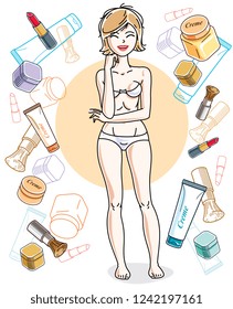 Happy pretty young blonde woman in underwear standing on colorful background with cosmetic accessories like lipstick, blusher and creme. Vector character. 