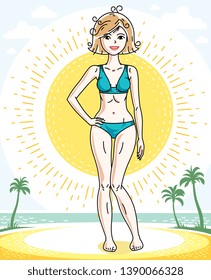 Happy pretty young blonde woman standing on tropical beach with palms and wearing swimming suit. Vector character.