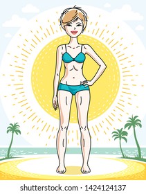 Happy pretty young blonde woman standing on tropical beach with palms and wearing swimming suit. Vector character.