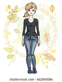 Happy pretty young blonde woman standing on background of autumn landscape and wearing fashionable casual clothes. Vector character.