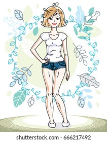 Happy pretty young blonde woman standing on background of spring landscape and wearing fashionable casual clothes. Vector character.