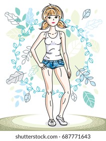 Happy pretty young blonde woman standing on background of spring ecology landscape with delicate blue leaves and wearing fashionable casual clothes. Vector character.