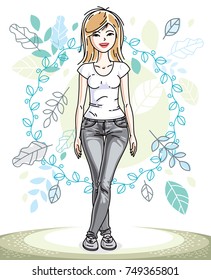 Happy pretty young blonde woman standing on background of spring ecology landscape with delicate blue leaves and wearing fashionable casual clothes. Vector character.