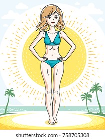 Happy pretty young blonde woman standing on tropical beach with palms and wearing swimming suit. Vector character.